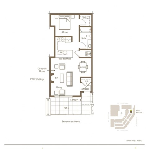 Floor plan for 1 bed, 1 bath, 651 sqft